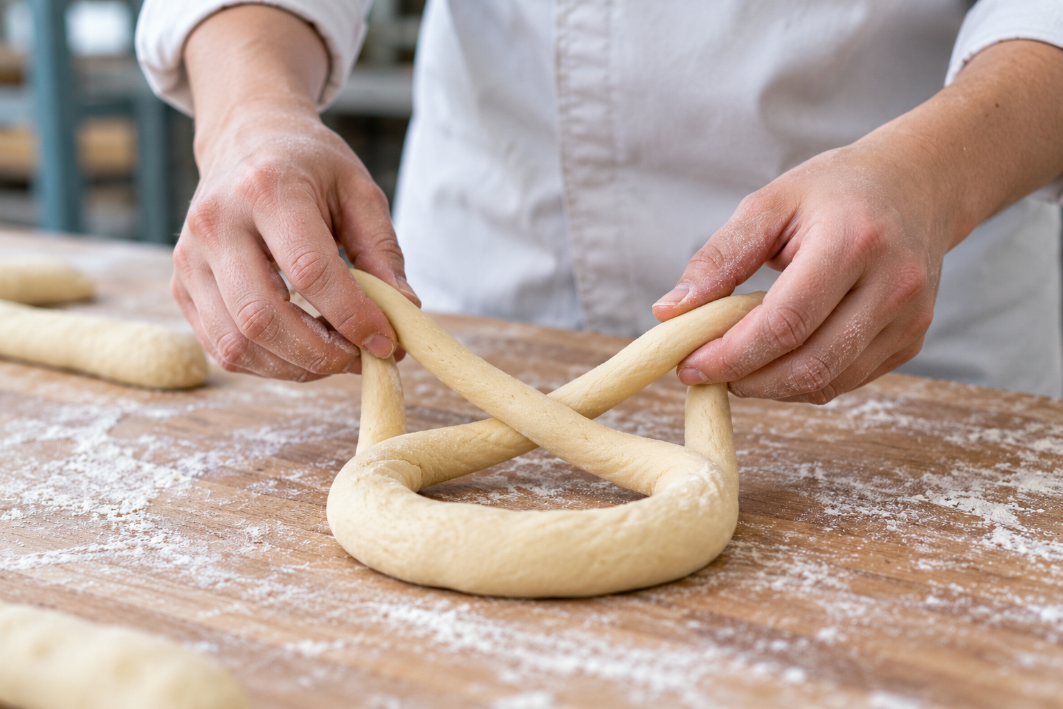 Hände bei der Arbeit mit Teig in der Bäckerausbildung