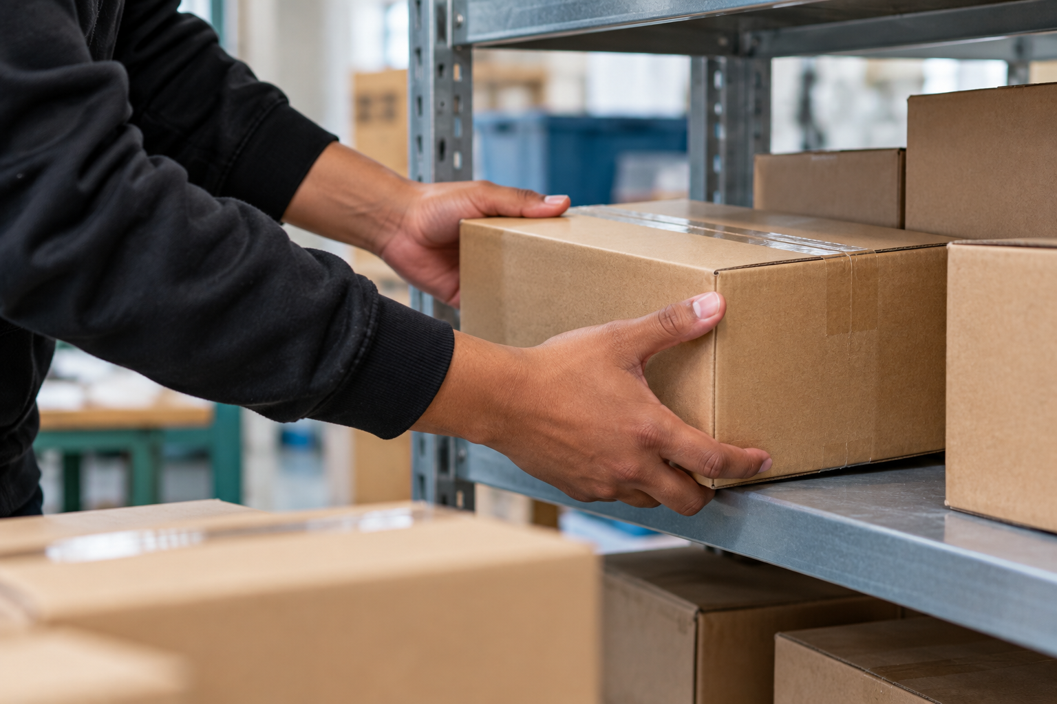 Ein Paket wird im Lager eingeräumt