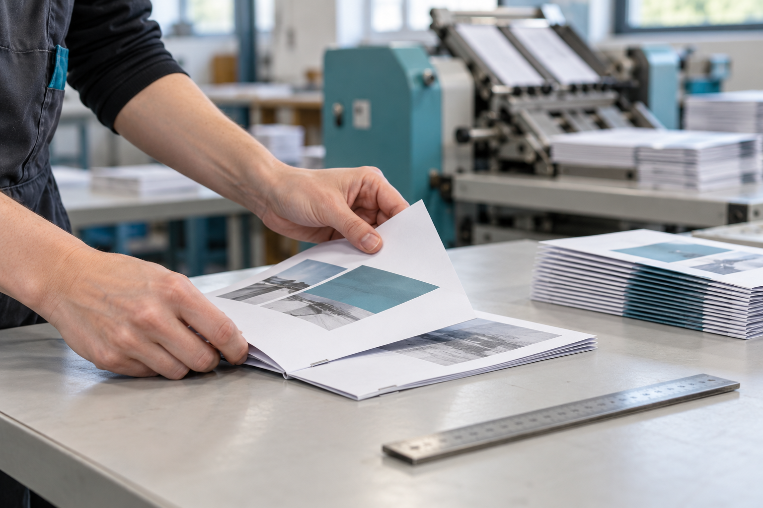Eine Broschüre wird bei der Druckverarbeitung geprüft
