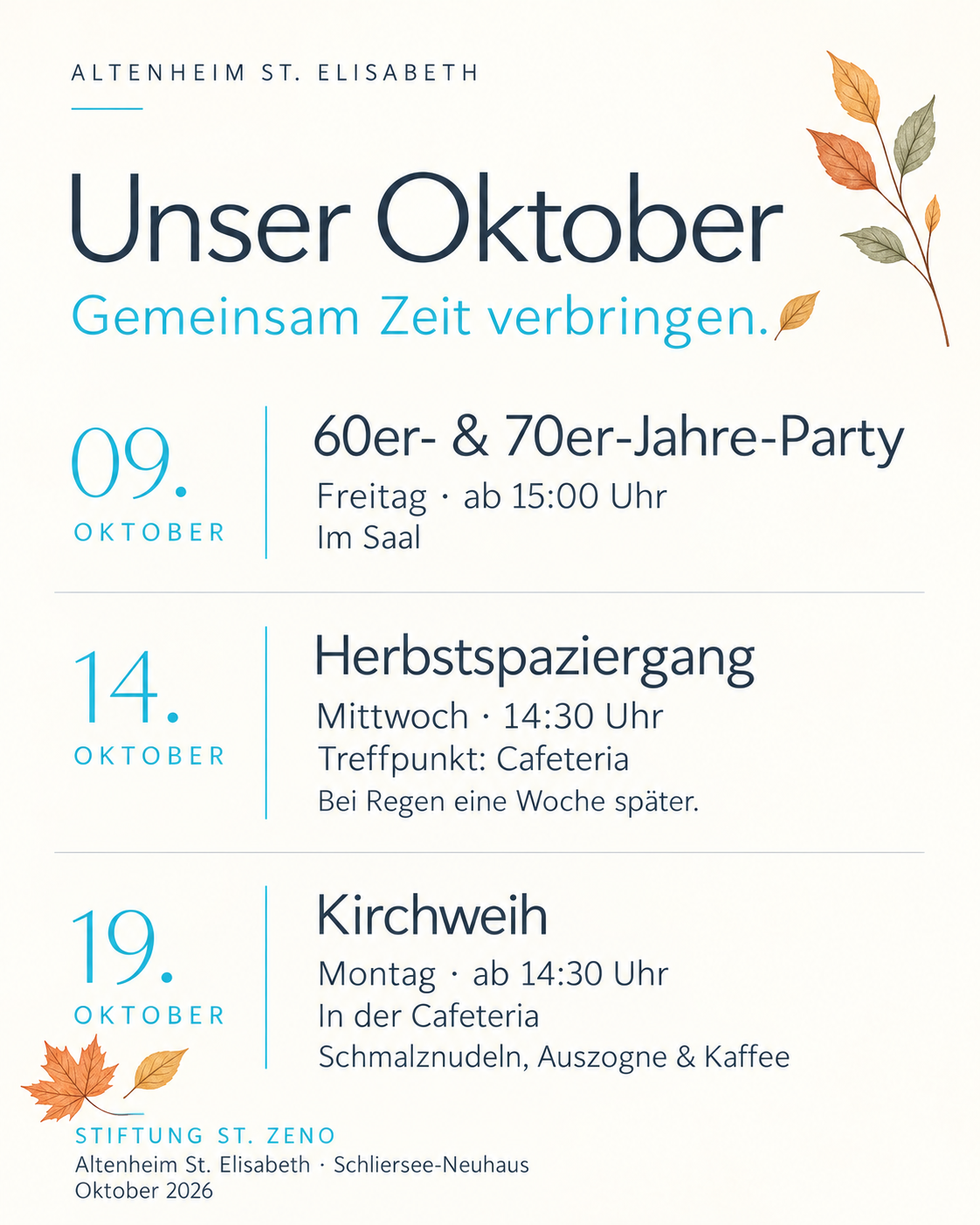 Veranstaltungsübersicht für Oktober in St. Elisabeth