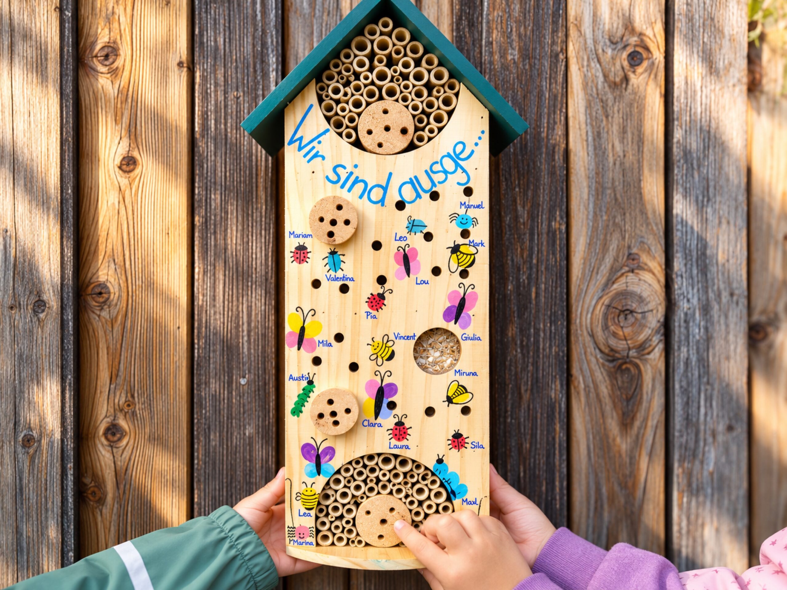 Ein Insektenhotel lädt zum Beobachten und Entdecken ein.