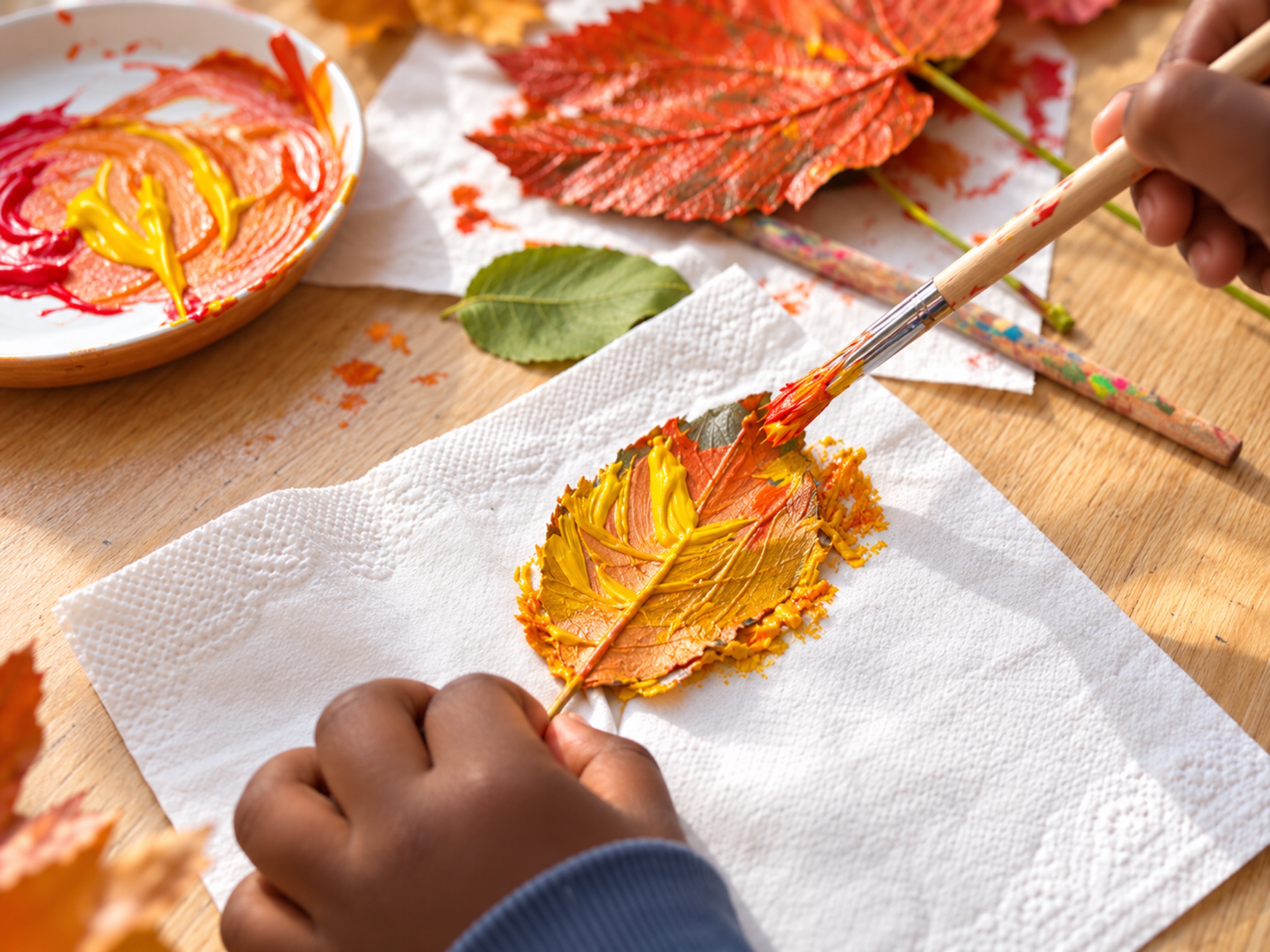 Kinder gestalten Herbstblätter mit bunten Farben.