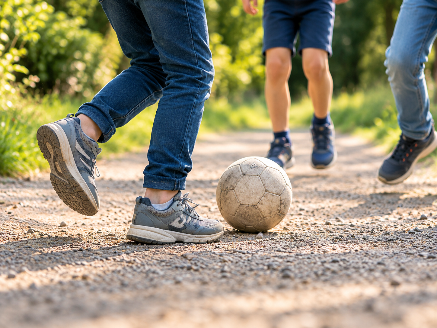 Schulkinder spielen draußen gemeinsam Fußball.
