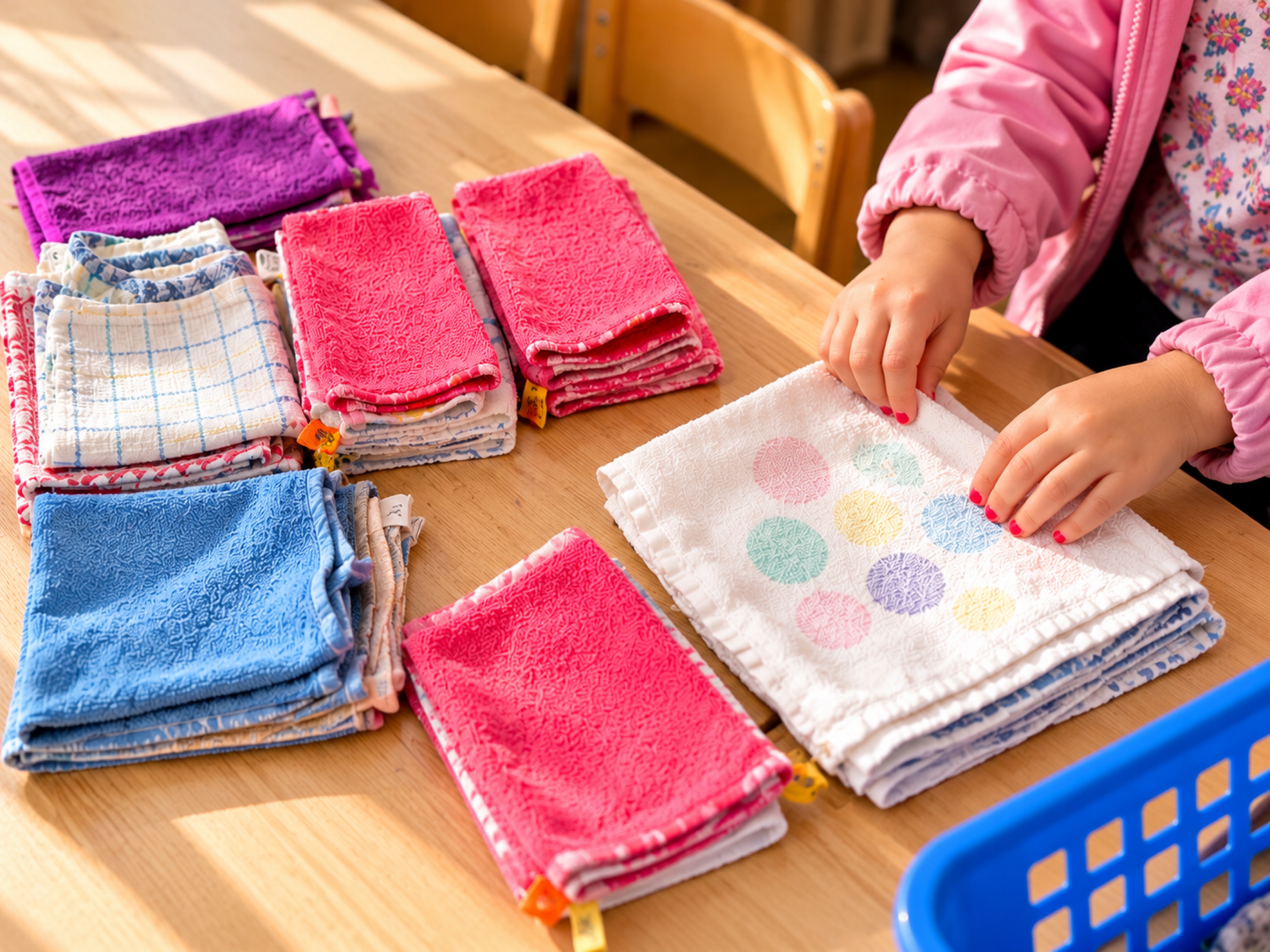 Ein Kind faltet Handtücher und übernimmt eine kleine Aufgabe im Kinderhausalltag.