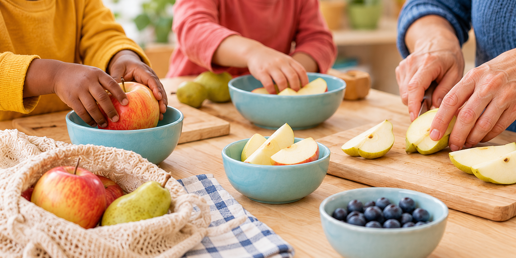 Kinder bereiten gemeinsam mit einer erwachsenen Person Obst für die Brotzeit vor.