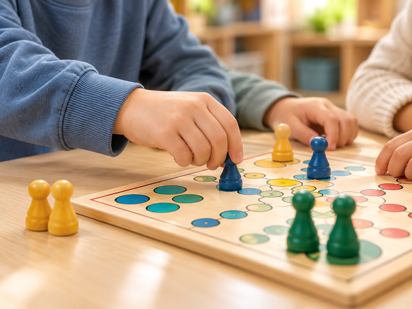 Schulkinder spielen zusammen ein Brettspiel.