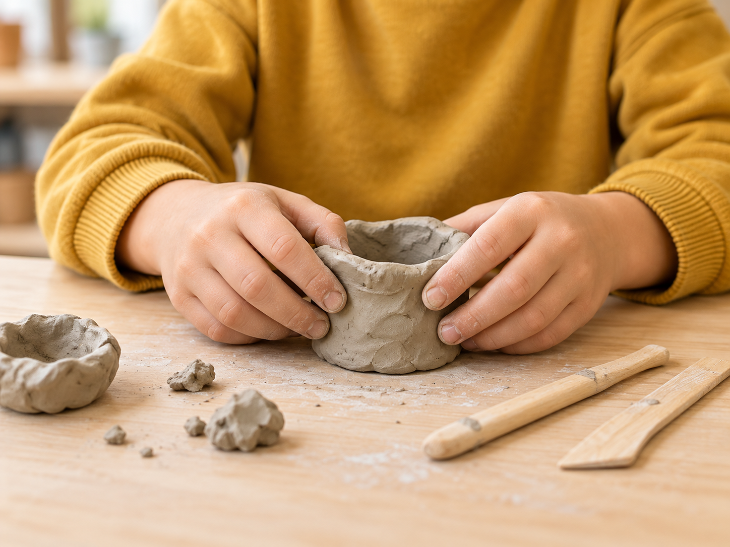 Kinderhände formen einen kleinen Becher aus Ton.