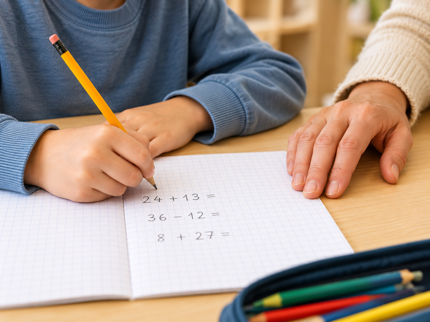 Ein Schulkind arbeitet mit Unterstützung an seinen Hausaufgaben.