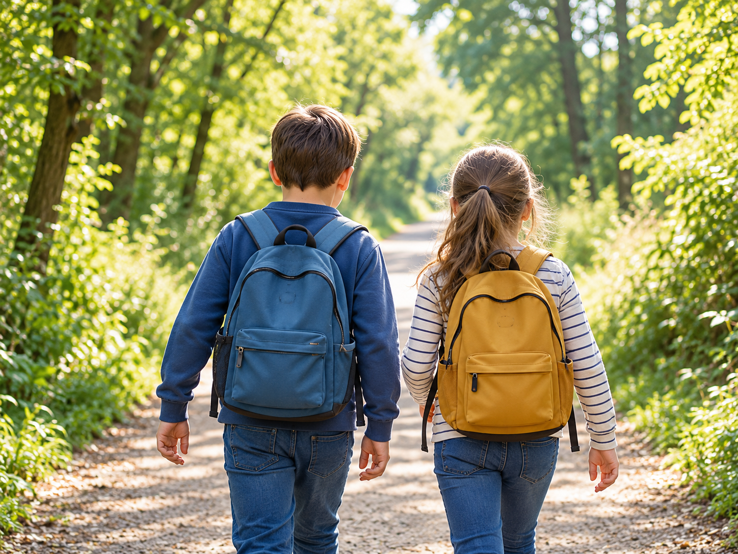 Zwei Schulkinder mit Rucksäcken gehen gemeinsam einen Weg im Grünen entlang.