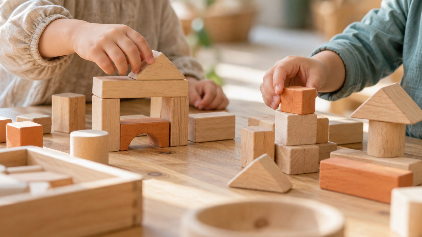 Kinderhände beim gemeinsamen Bauen mit Holzbausteinen