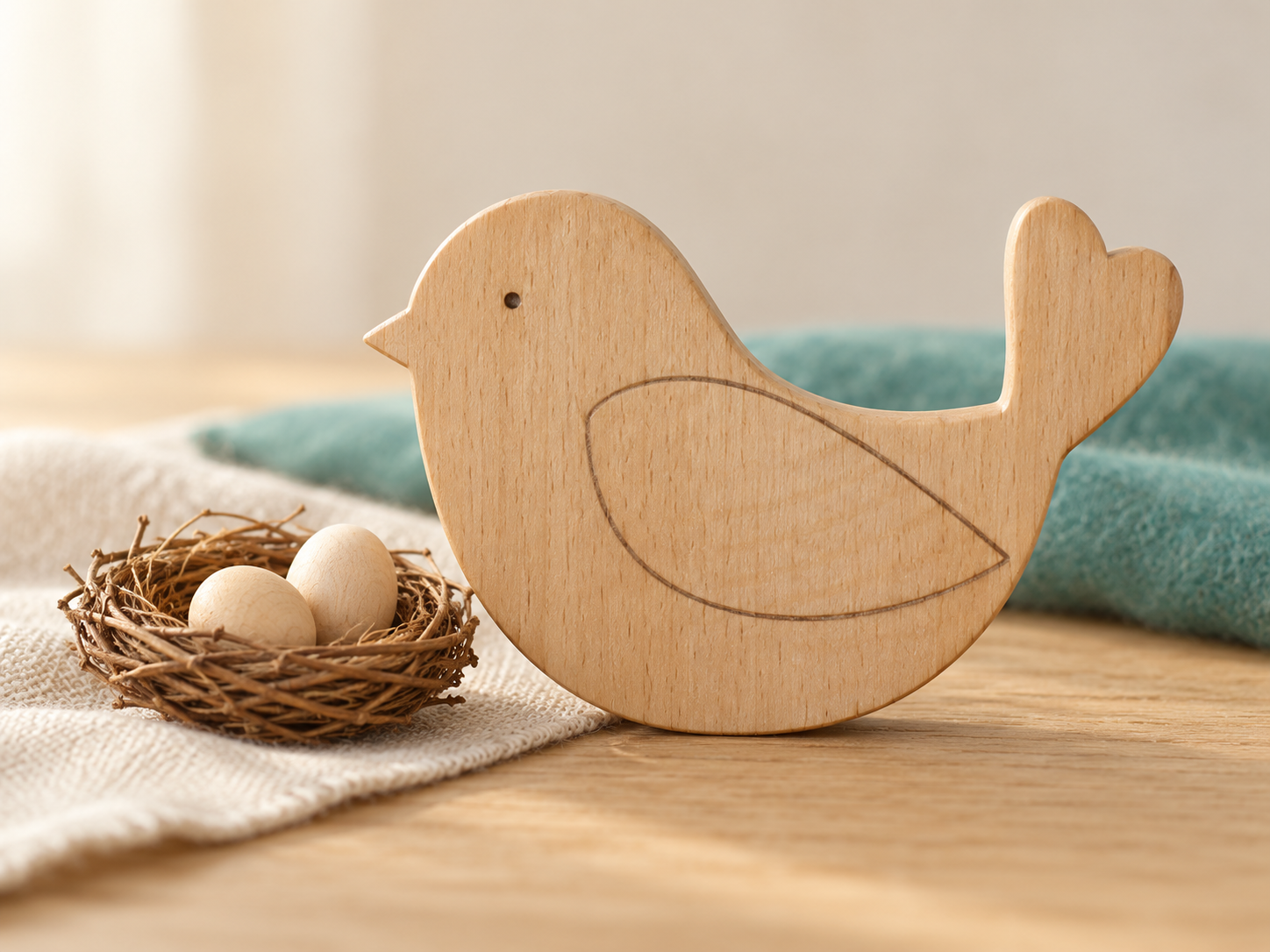 Handgeschnitzter Holzvogel mit einem kleinen Nest